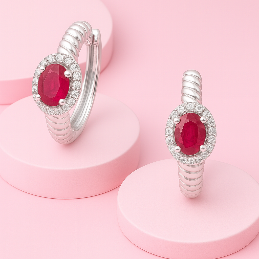 925 Sterling Silver Ruby Oval Hoop Earrings