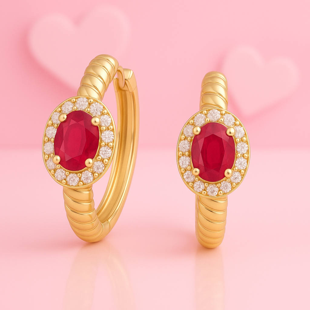 925 Sterling Silver Ruby Oval Hoop Earrings