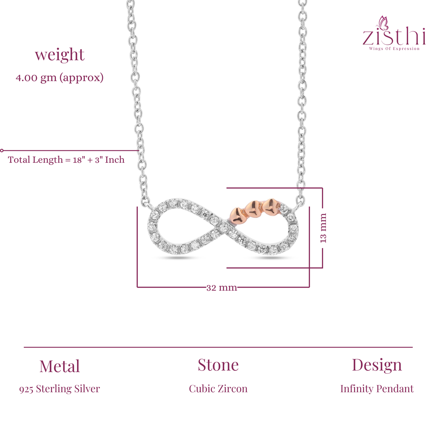 Endless Love Infinity Necklace 18+3" inch