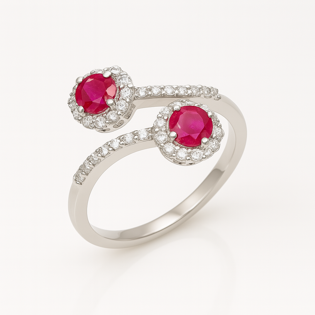 925 Sterling Silver Natural Ruby Bypass Couple Love Ring