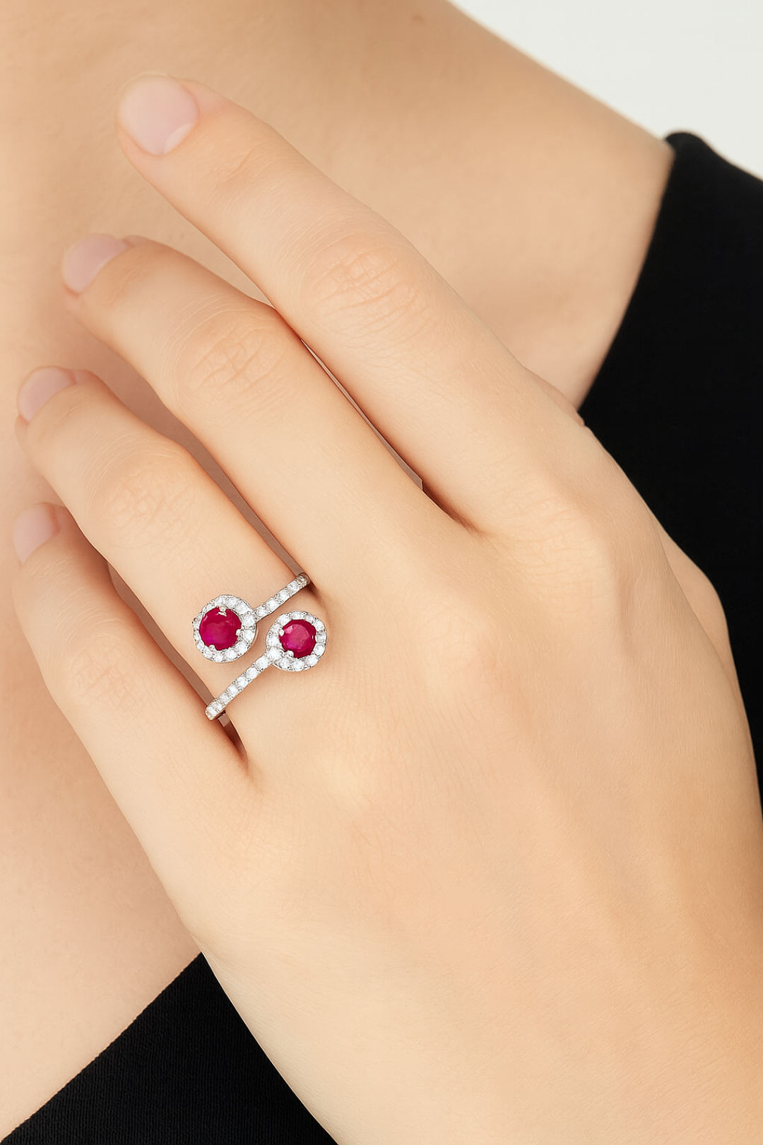 925 Sterling Silver Natural Ruby Bypass Couple Love Ring