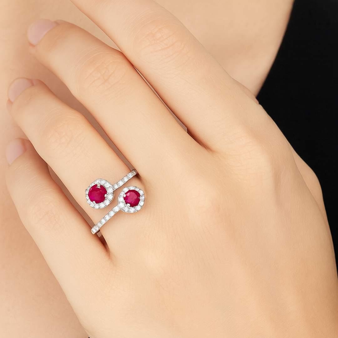925 Sterling Silver Natural Ruby Bypass Couple Love Ring