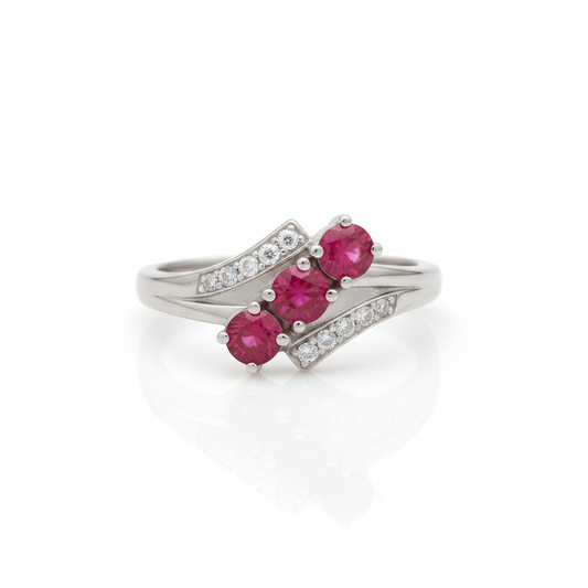 925 Sterling Silver Natural Ruby Trio Modern Bypass Ring