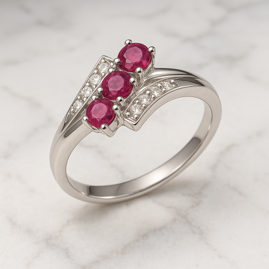 925 Sterling Silver Natural Ruby Trio Modern Bypass Ring
