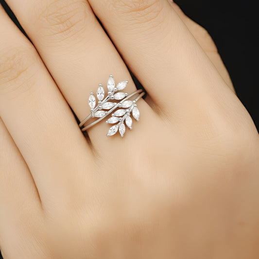 925 Sterling Silver Leaf Bypass Couple Ring