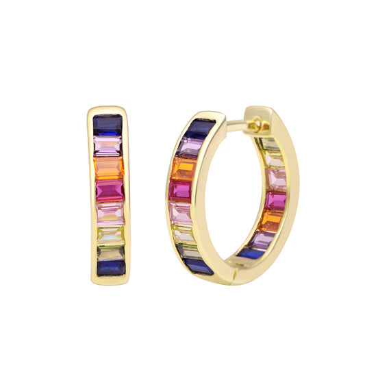 Silver Rainbow Sapphire Baguette Hoop Earring 14MM