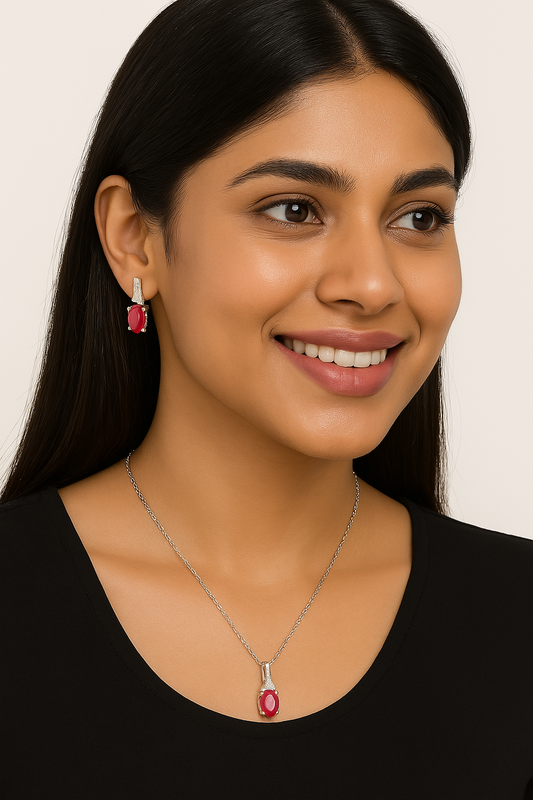 925 Sterling Silver Natural Ruby Earrings , Necklace Set