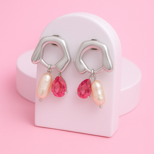 Red Zircon Pearl Drop Silver Earring