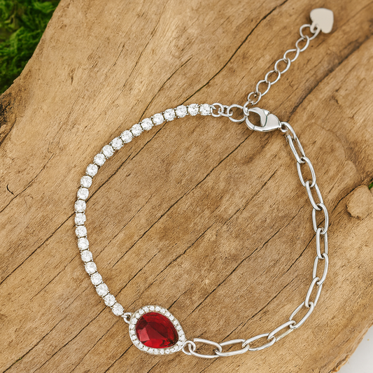Red Pear Zircon and Paperclip Linking Silver Bracelet 6.5"+1.5" inch