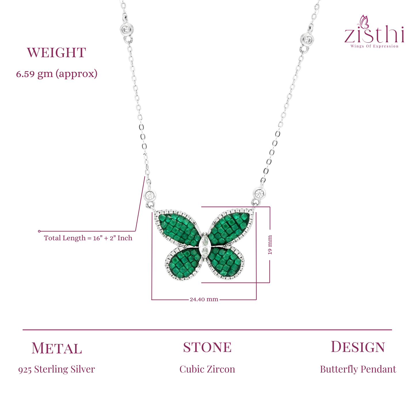 Flying Green Butterfly Silver Necklace 16" + 2" inch