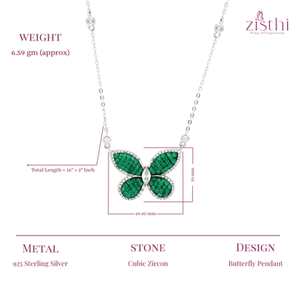 Flying Green Butterfly Silver Necklace 16" + 2" inch