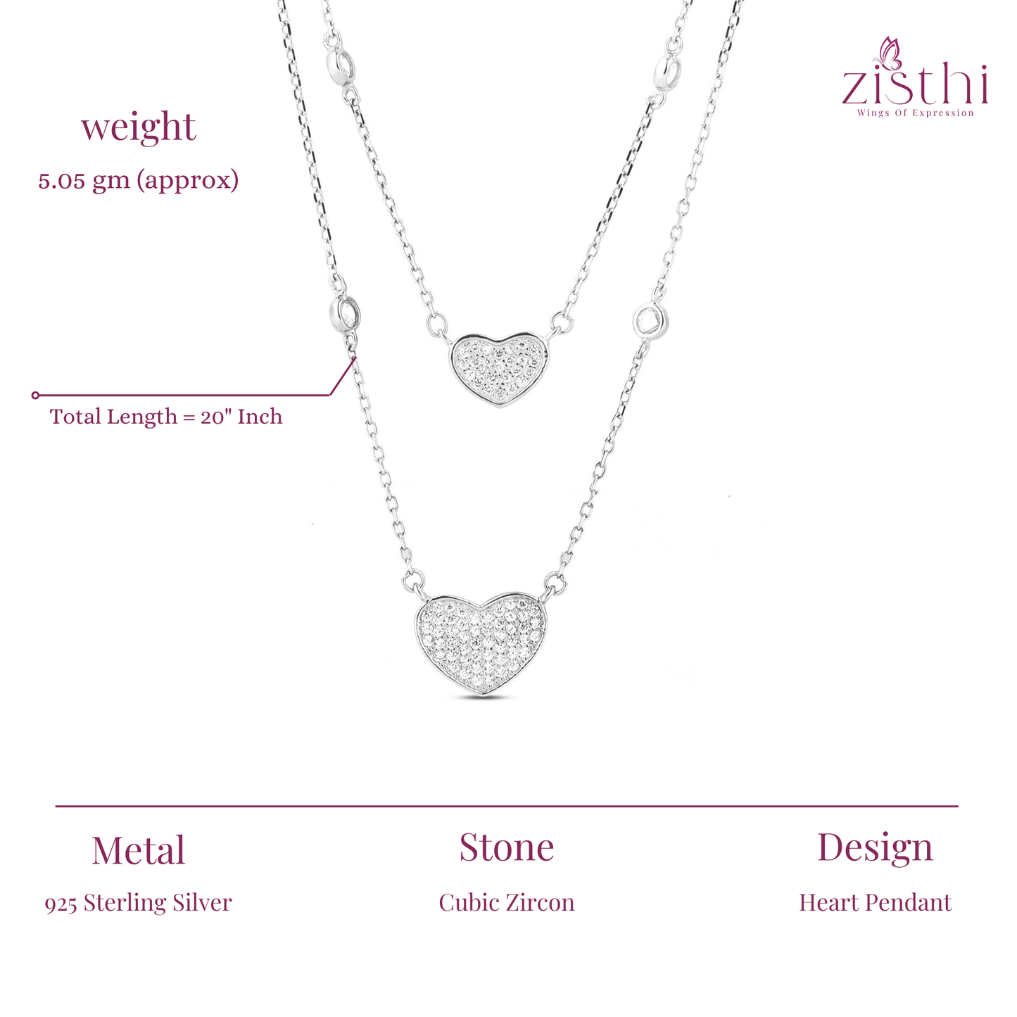 Heart Zircon Silver Layer Necklace 20" Inch