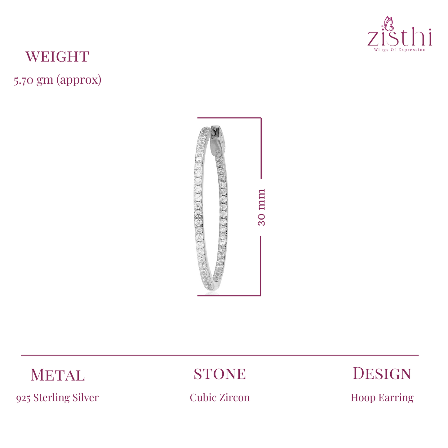Silver Zircon Sparkling Inout Hoop Earring 30MM