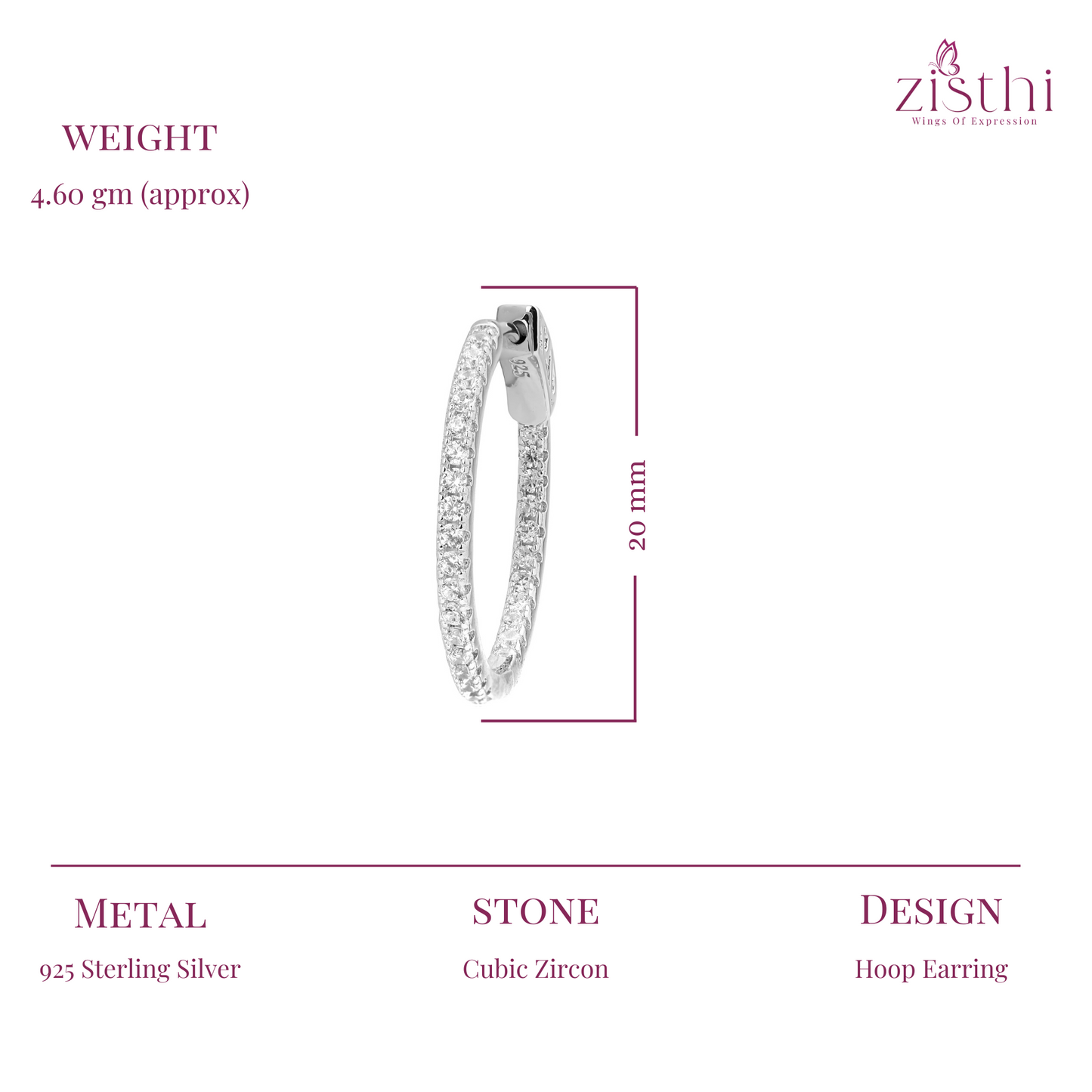 Silver Zircon Sparkling Inout Hoop Earring 20MM