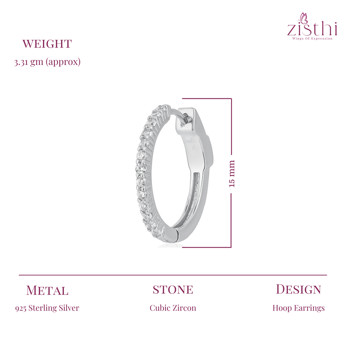 Silver Zircon Sparkling Inout Hoop Earring 15MM