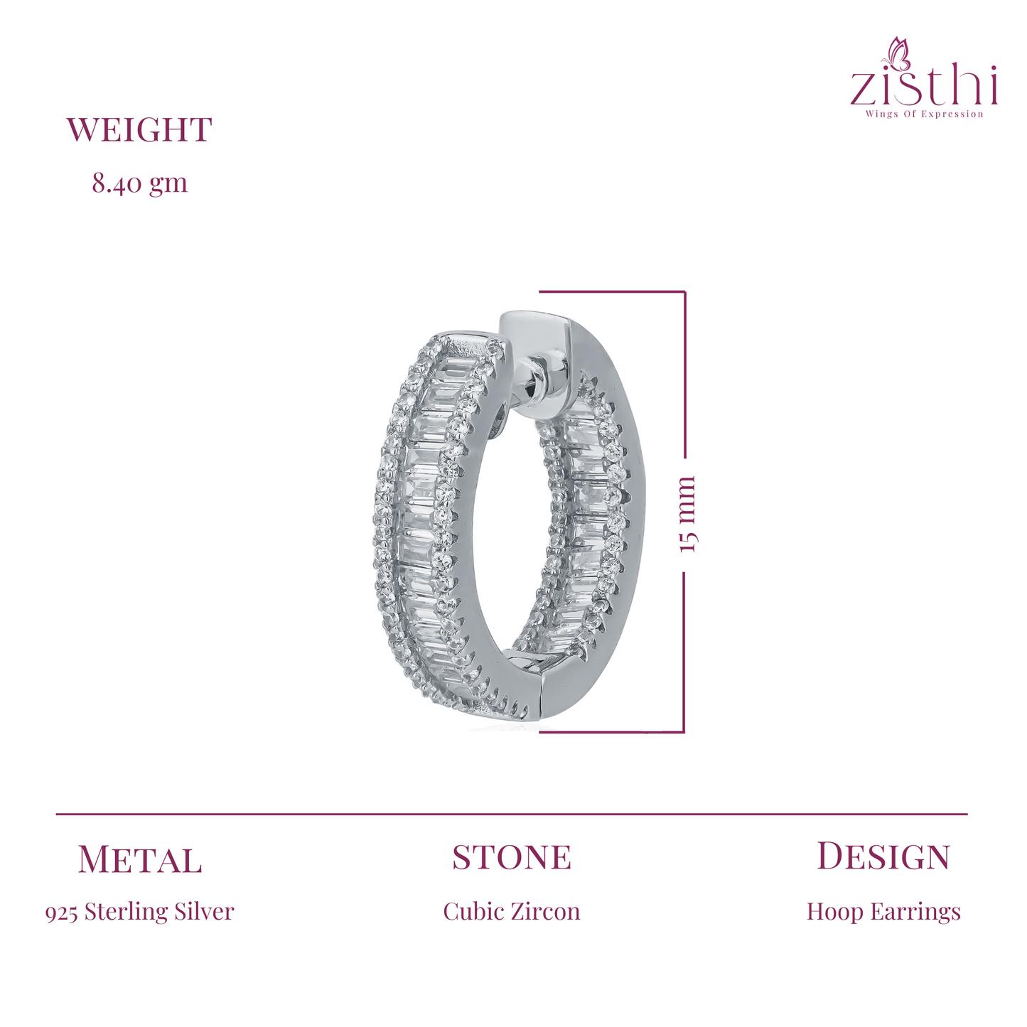 Classy Diamond Look Zircon Baguette Silver Hoop Earring 15MM