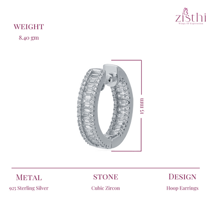 Classy Diamond Look Zircon Baguette Silver Hoop Earring 15MM