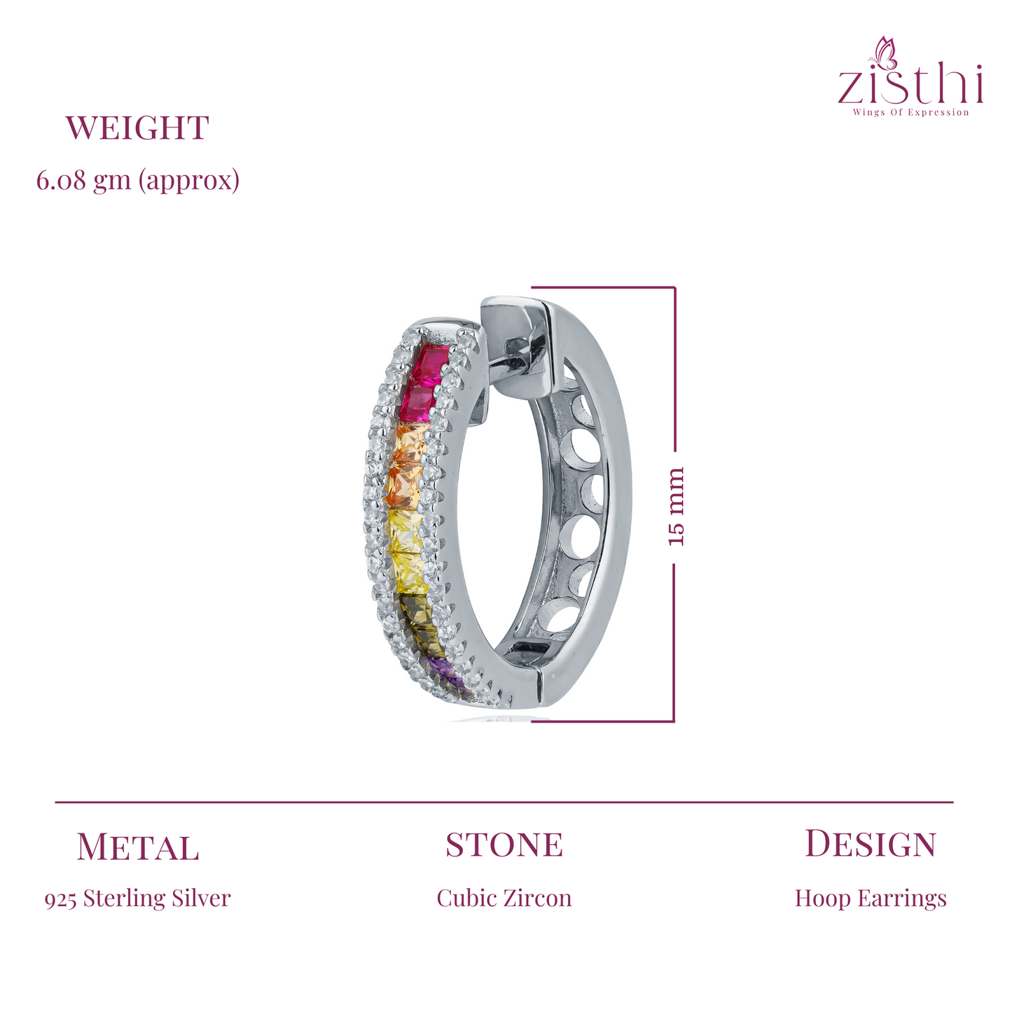 Silver Rainbow Sapphire Baguette Hoop Earring 15MM