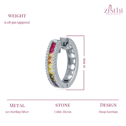 Silver Rainbow Sapphire Baguette Hoop Earring 15MM