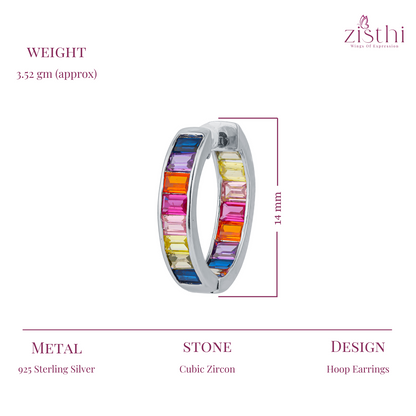 Silver Rainbow Sapphire Baguette Hoop Earring 14MM