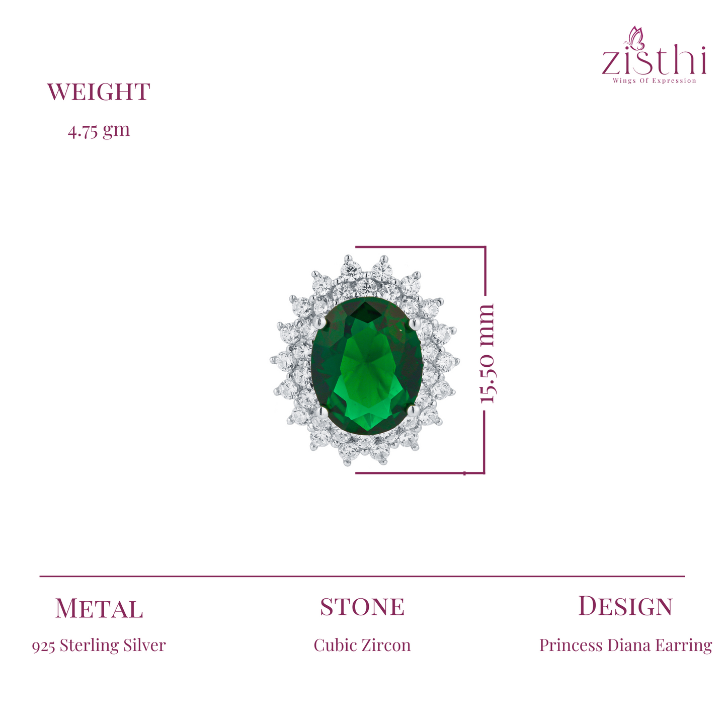 Princess Diana Inspired Emerald Silver Stud