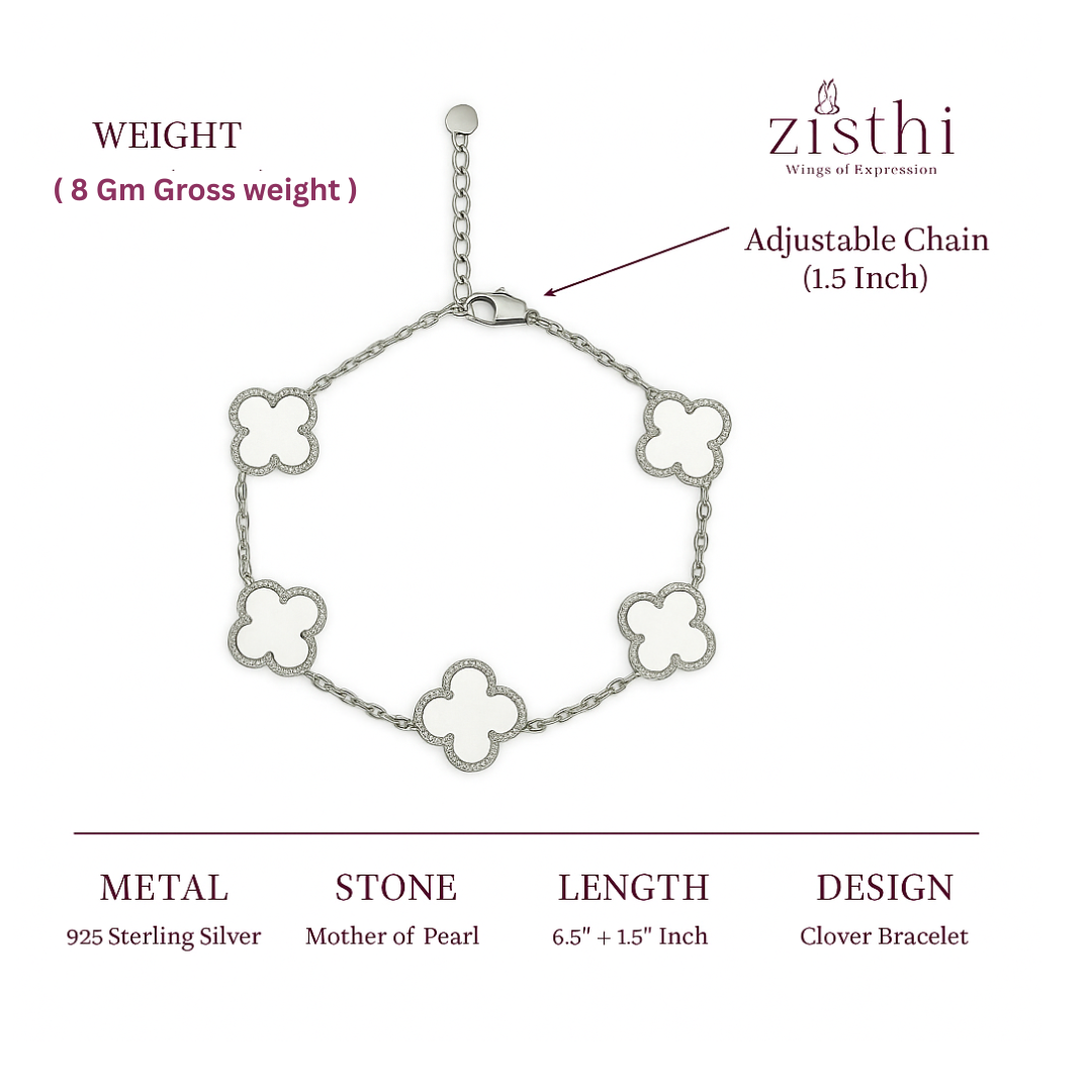 Inlay Clover Silver Linking Bracelet  6.5"+ 1.5" inch