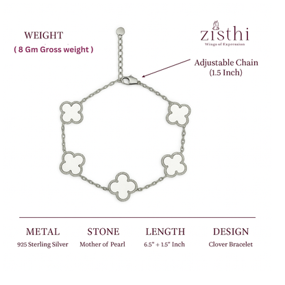 Inlay Clover Silver Linking Bracelet  6.5"+ 1.5" inch