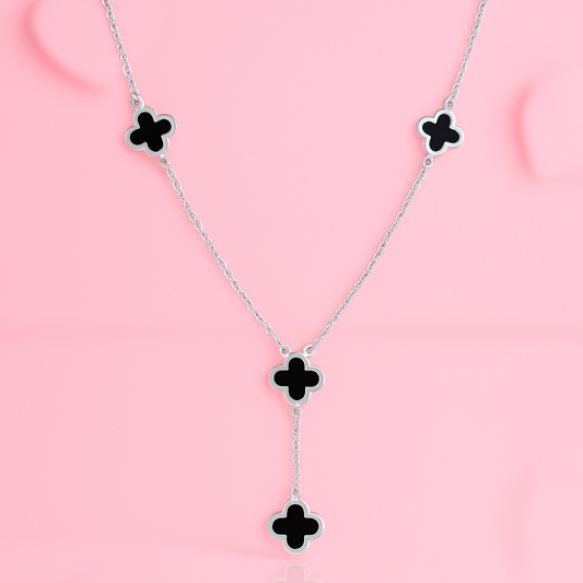 Black Inlay Clover Silver Linking Necklace 20"Inch