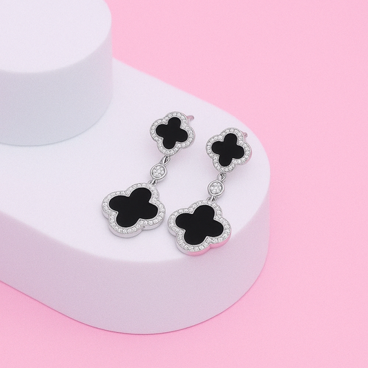 Black Inlay Clover Silver Earring