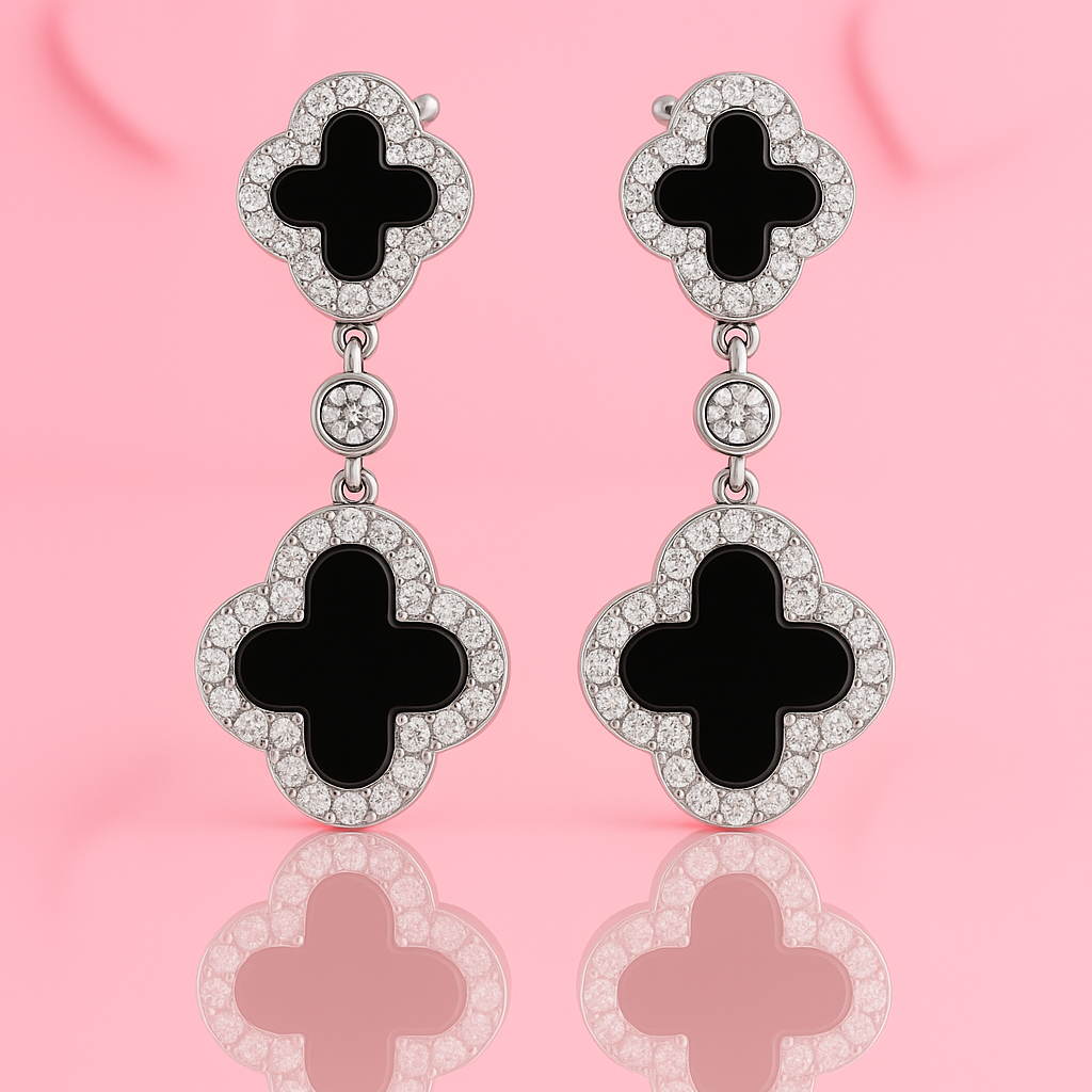 Black Inlay Clover Silver Earring