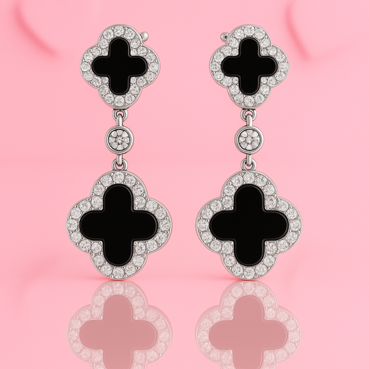Black Inlay Clover Silver Earring