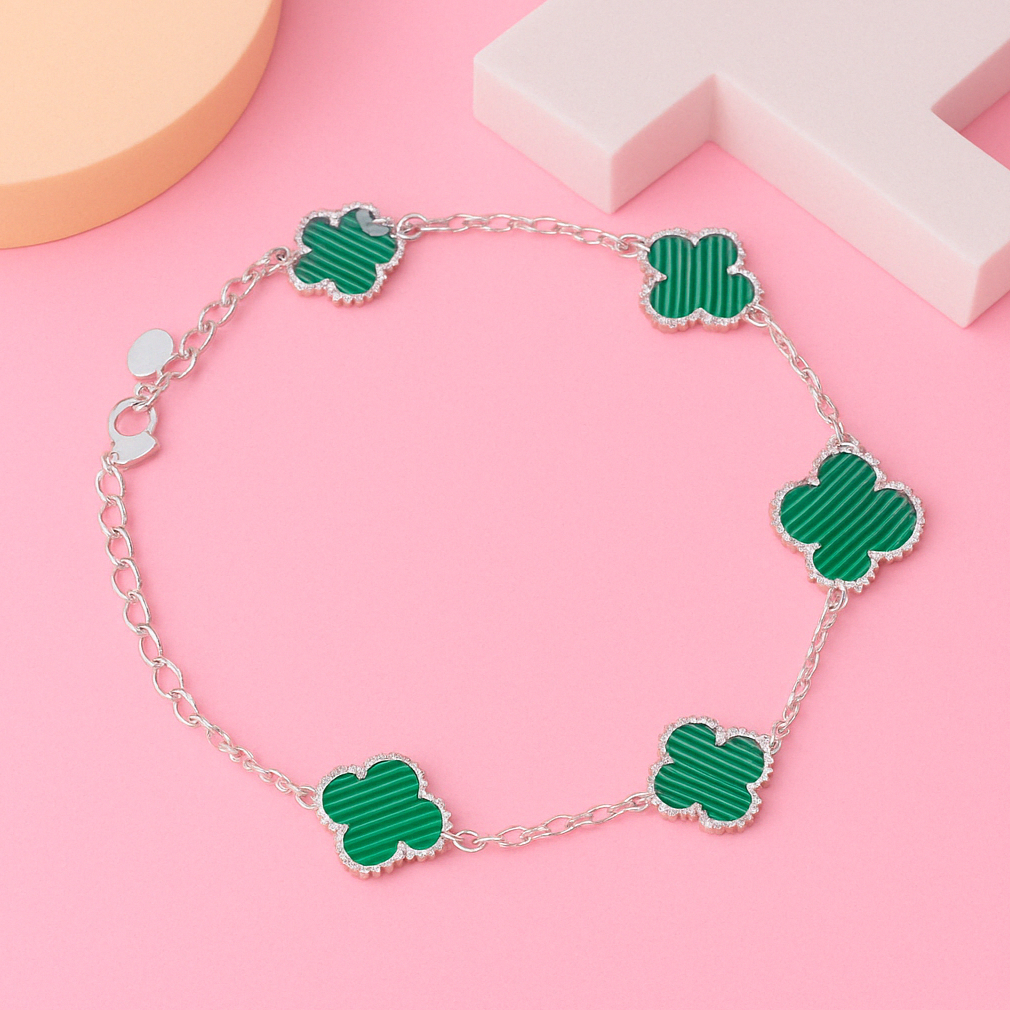 Green Inlay Clover Silver Linking Bracelet 6.5"+1.5" inch