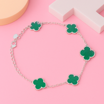 Green Inlay Clover Silver Linking Bracelet 6.5"+1.5" inch