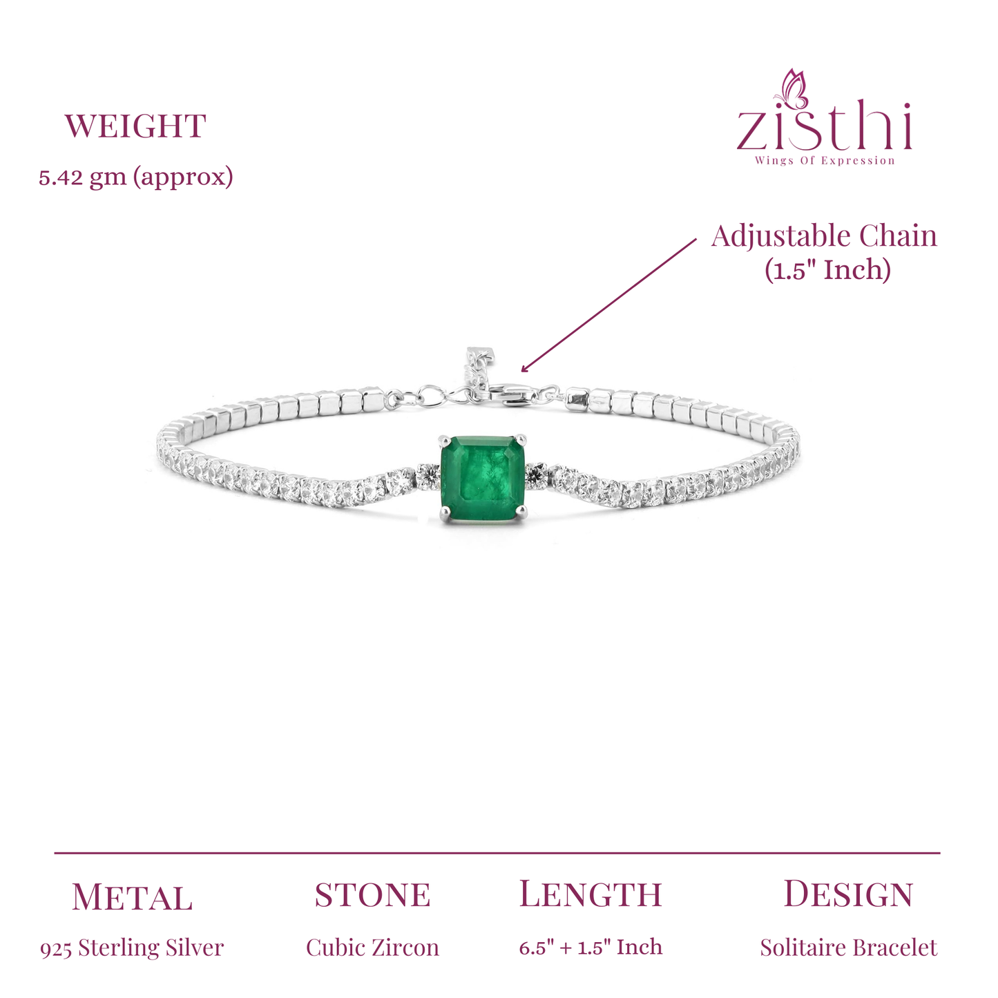 Silver Square Emerald Zirconia Bracelet 7.5"+1.5" Inch