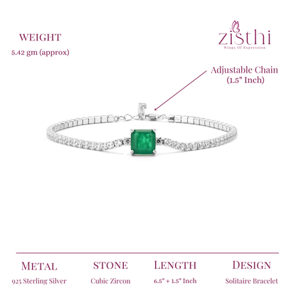 Silver Square Emerald Zirconia Bracelet 7.5"+1.5" Inch