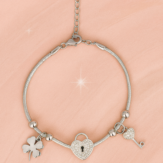 Love Lock Charm Silver Bracelet 6.5"+1.5" inch