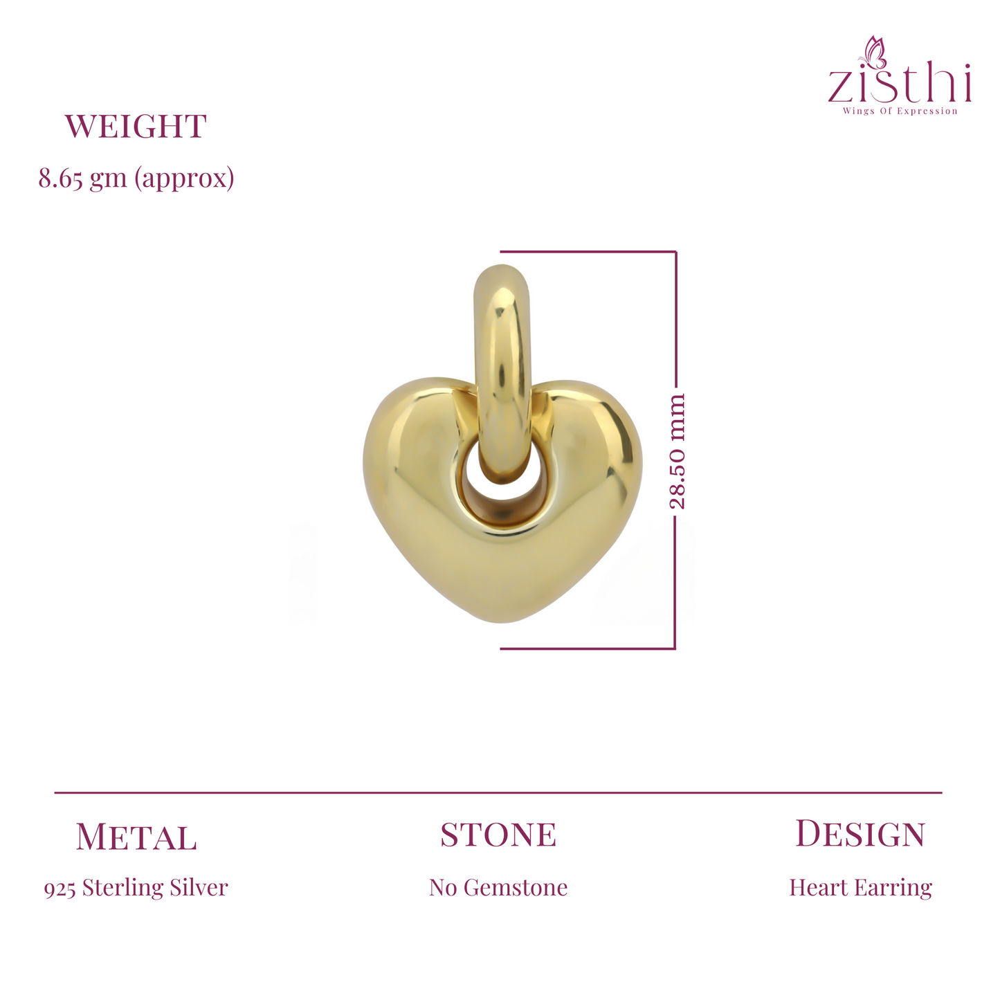 Yellow Gold Heart Shape Linking Silver Earring