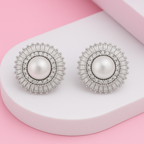 Diamond Look Bagguette and Tapper Bagguette Ziron Halo Pearl Stud