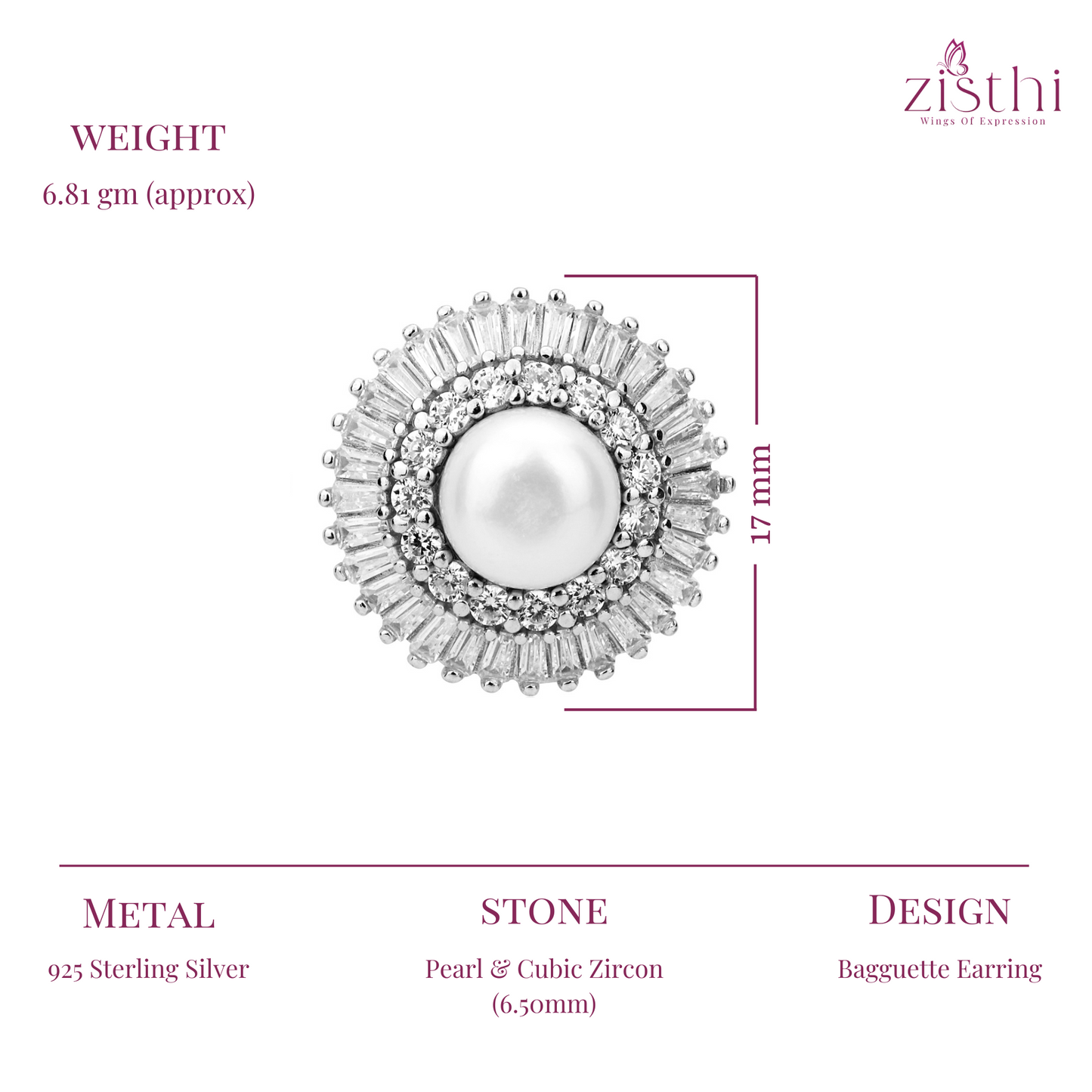 Diamond Look Bagguette and Tapper Bagguette Ziron Halo Pearl Stud