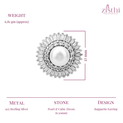 Diamond Look Bagguette and Tapper Bagguette Ziron Halo Pearl Stud