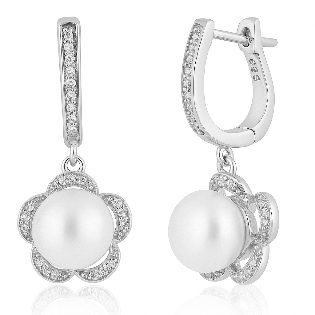 Silver Pearl Flower Dangle Earring