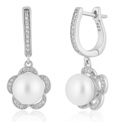 Silver Pearl Flower Dangle Earring
