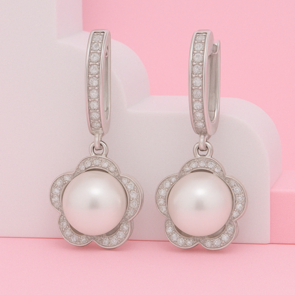 Silver Pearl Flower Dangle Earring