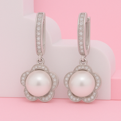 Silver Pearl Flower Dangle Earring