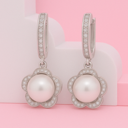 Silver Pearl Flower Dangle Earring