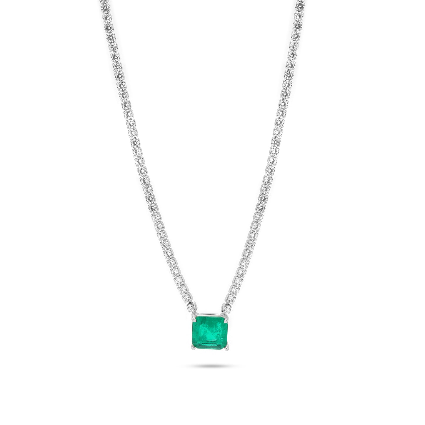 Silver Square Emerald Zirconia Tennis Necklace 18"+1.5 Inch