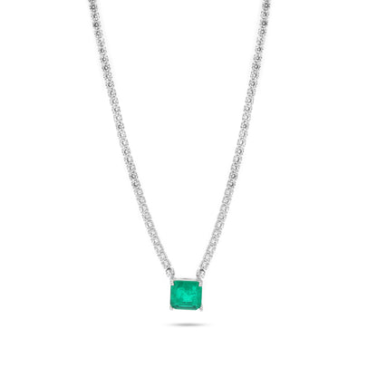 Silver Square Emerald Zirconia Tennis Necklace 18"+1.5 Inch