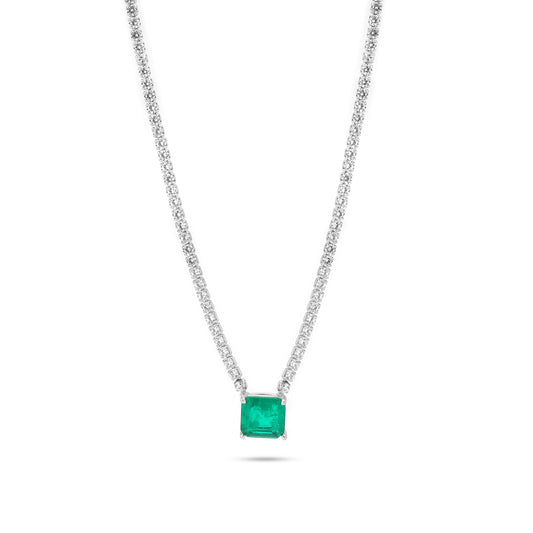 Silver Square Emerald Zirconia Tennis Necklace 18"+1.5 Inch