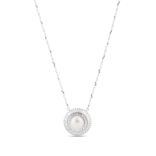 Round Double Halo Pearl Silver Pendant