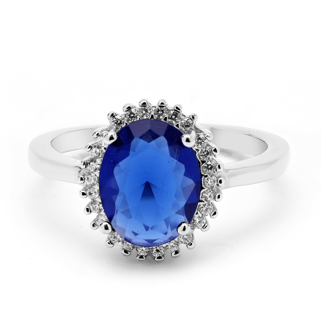 Diana Inspired Halo  Ring In 925 Sterling Silver (Sapphire)